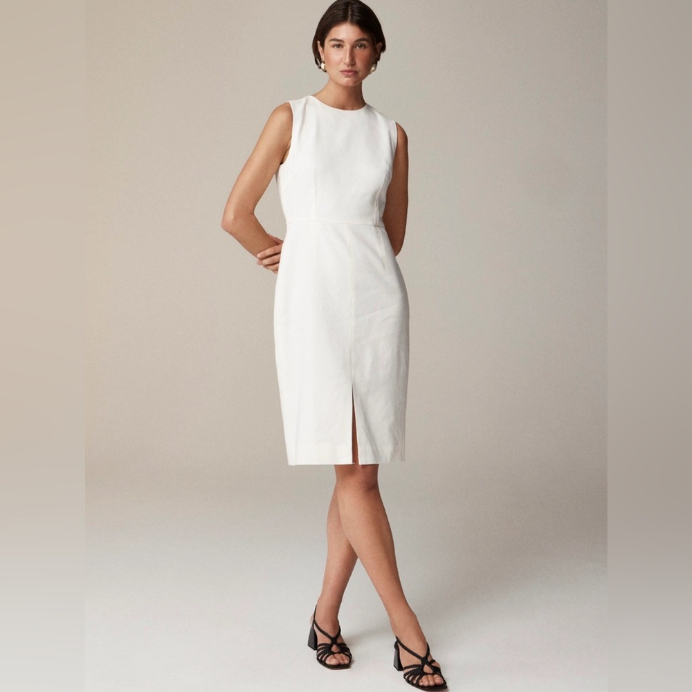 Sleeveless White Linen Sheath Dress with Front Slit